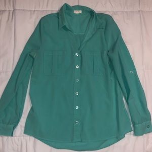 Teal Chiffon Long-sleeve Button Down